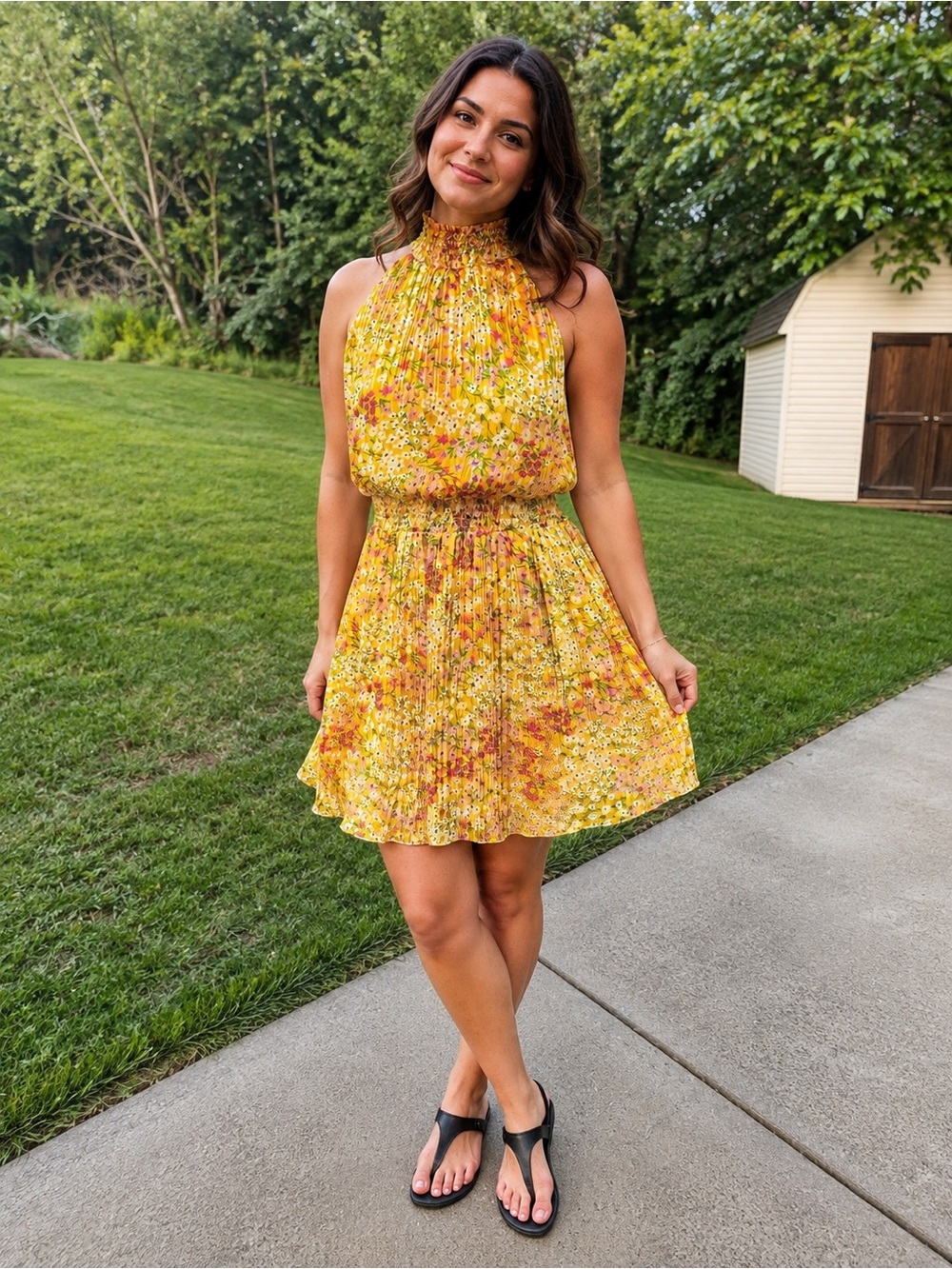 BCBG Yellow Floral Smocked Halter Midi Dress